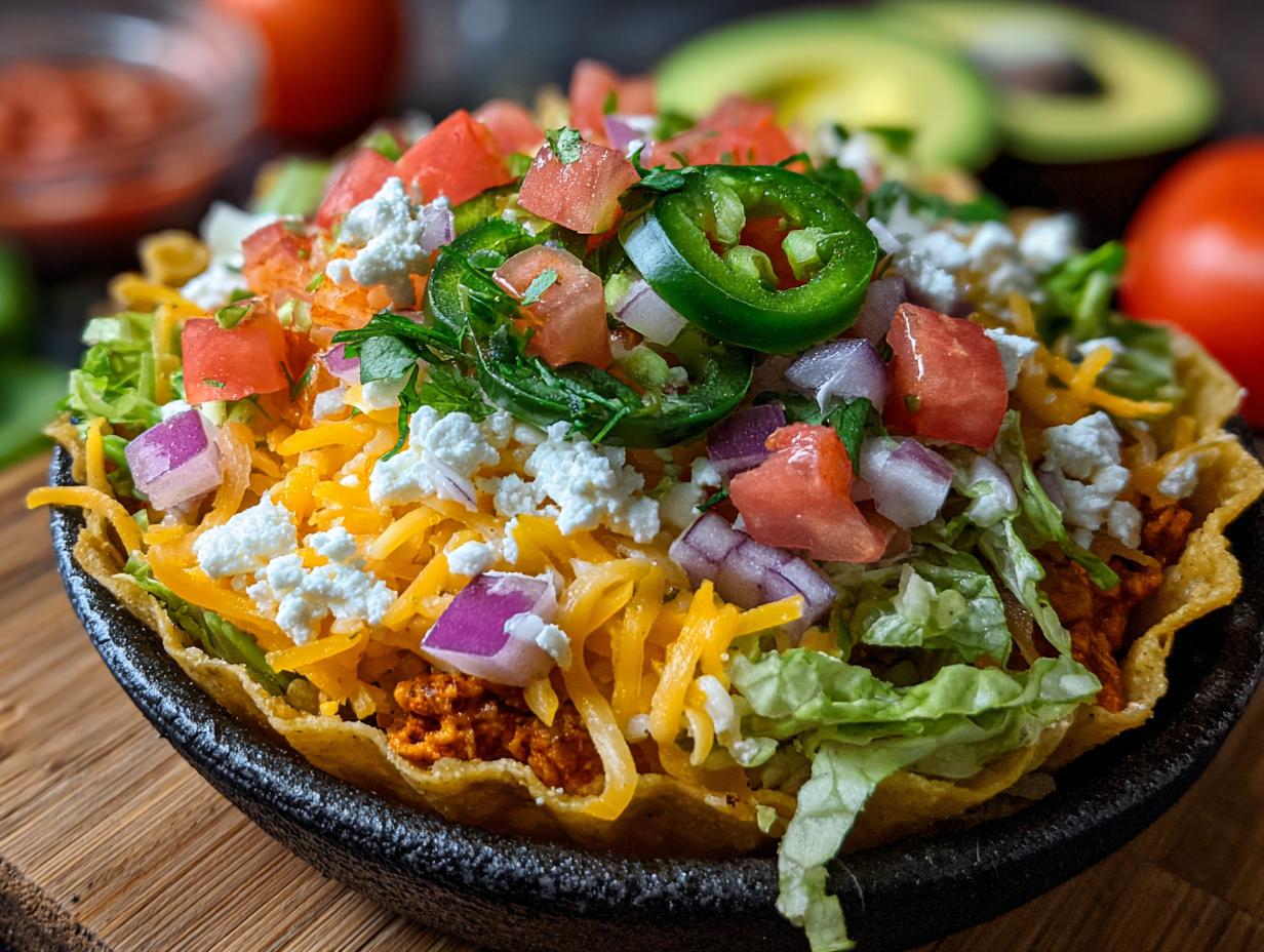 A vibrant Cottage Cheese Taco Bowl filled with lettuce, cheese, tomatoes, red onion, and jalapenos.