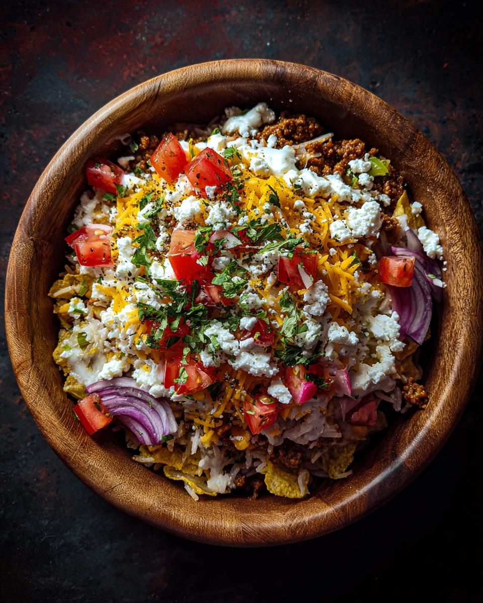 Overhead shot of a Cottage Cheese Taco Bowl in a wooden bowl, topped with tomatoes, cheese, and herbs.