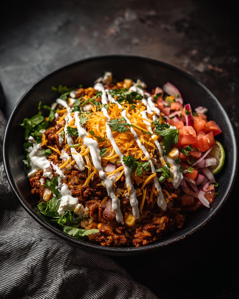 A vibrant Cottage Cheese Taco Bowl with seasoned ground beef, cheese, salsa, and a drizzle of creamy sauce.