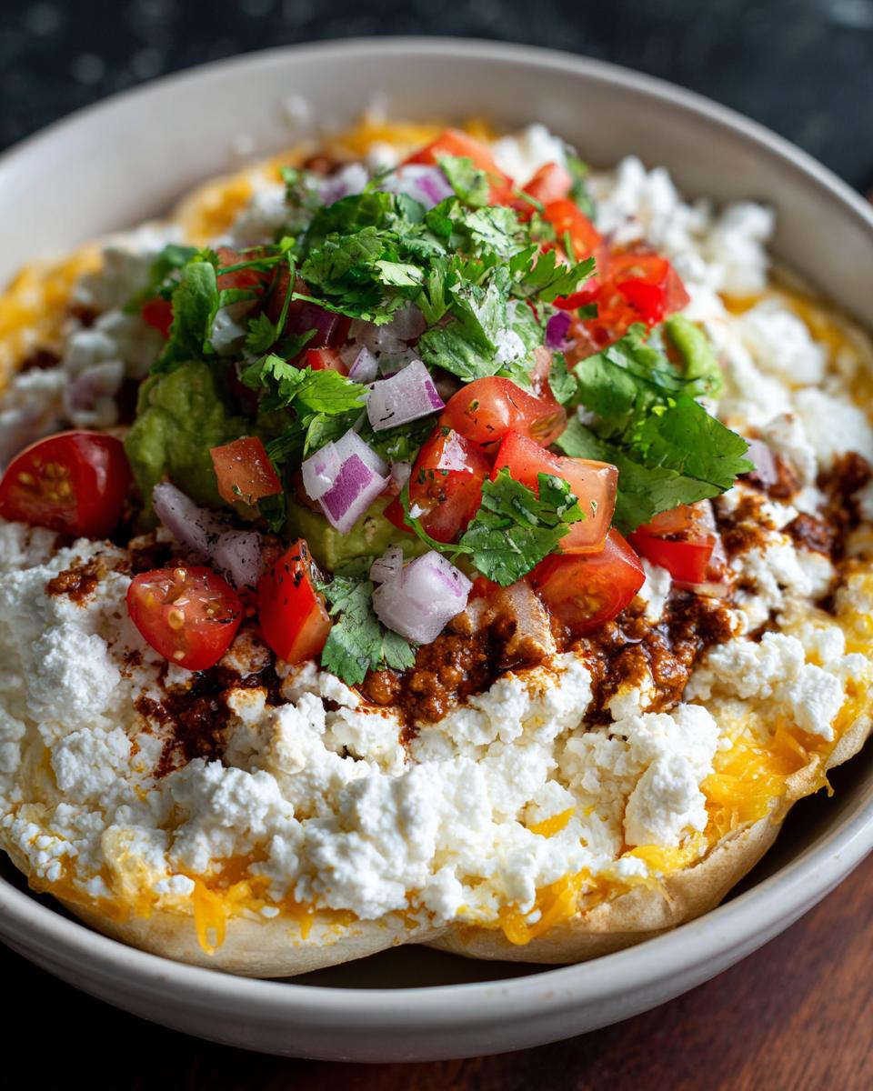 A vibrant Cottage Cheese Taco Bowl with fresh toppings like tomatoes, cilantro, red onion, and guacamole.
