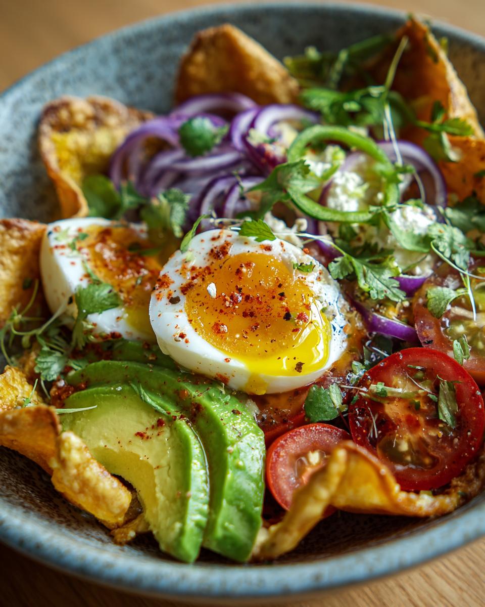A vibrant Cottage Cheese Taco Bowl featuring a runny egg, avocado, tomatoes, red onion, and tortilla chips.