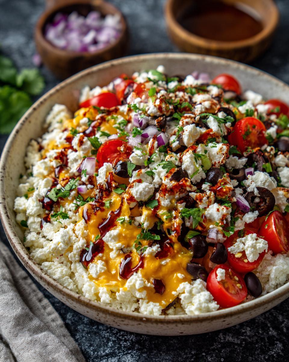A vibrant Cottage Cheese Taco Bowl filled with toppings like tomatoes, black beans, red onion, and a drizzle of sauce.