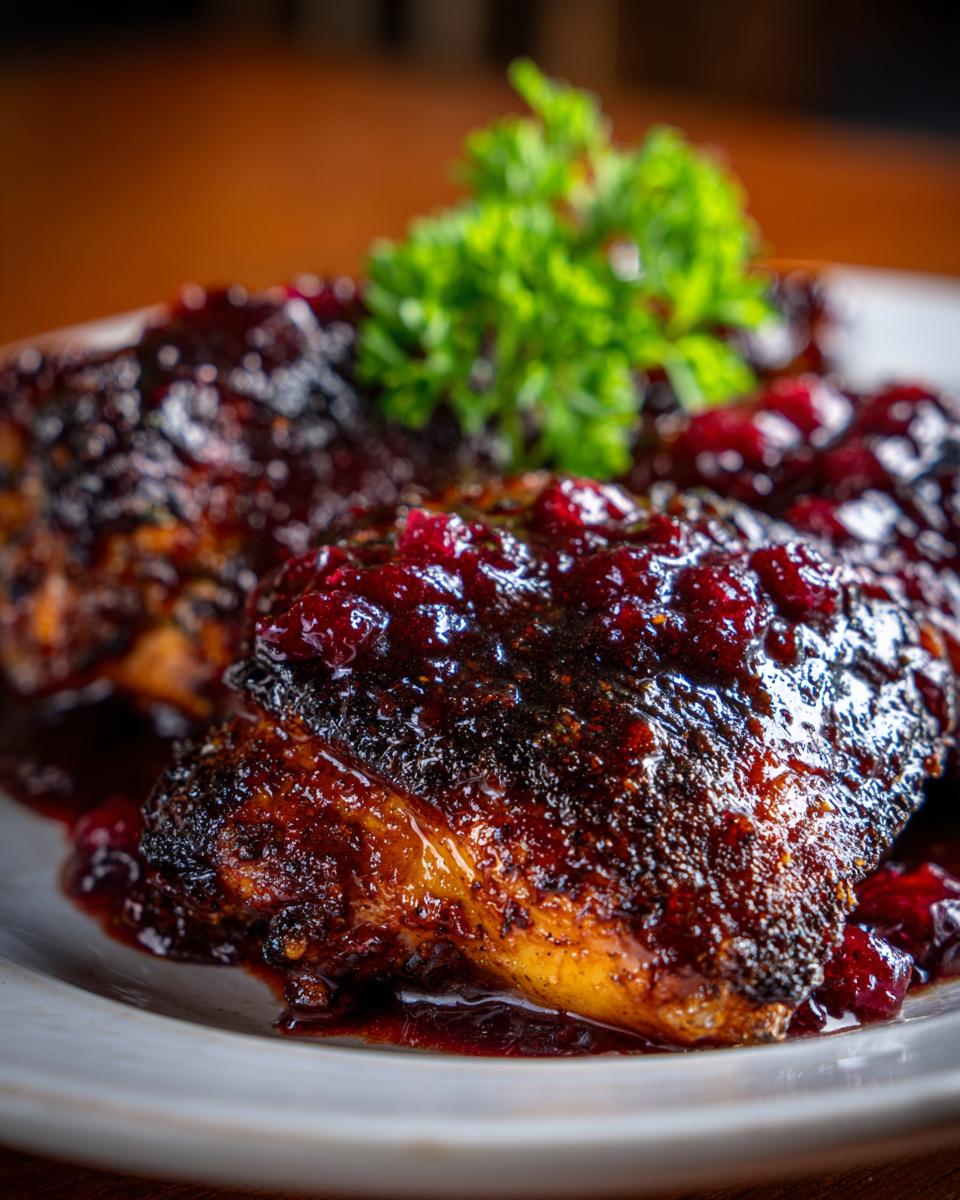 Close-up of Cranberry Balsamic Chicken Skillet served on a plate with cranberry sauce and parsley garnish.