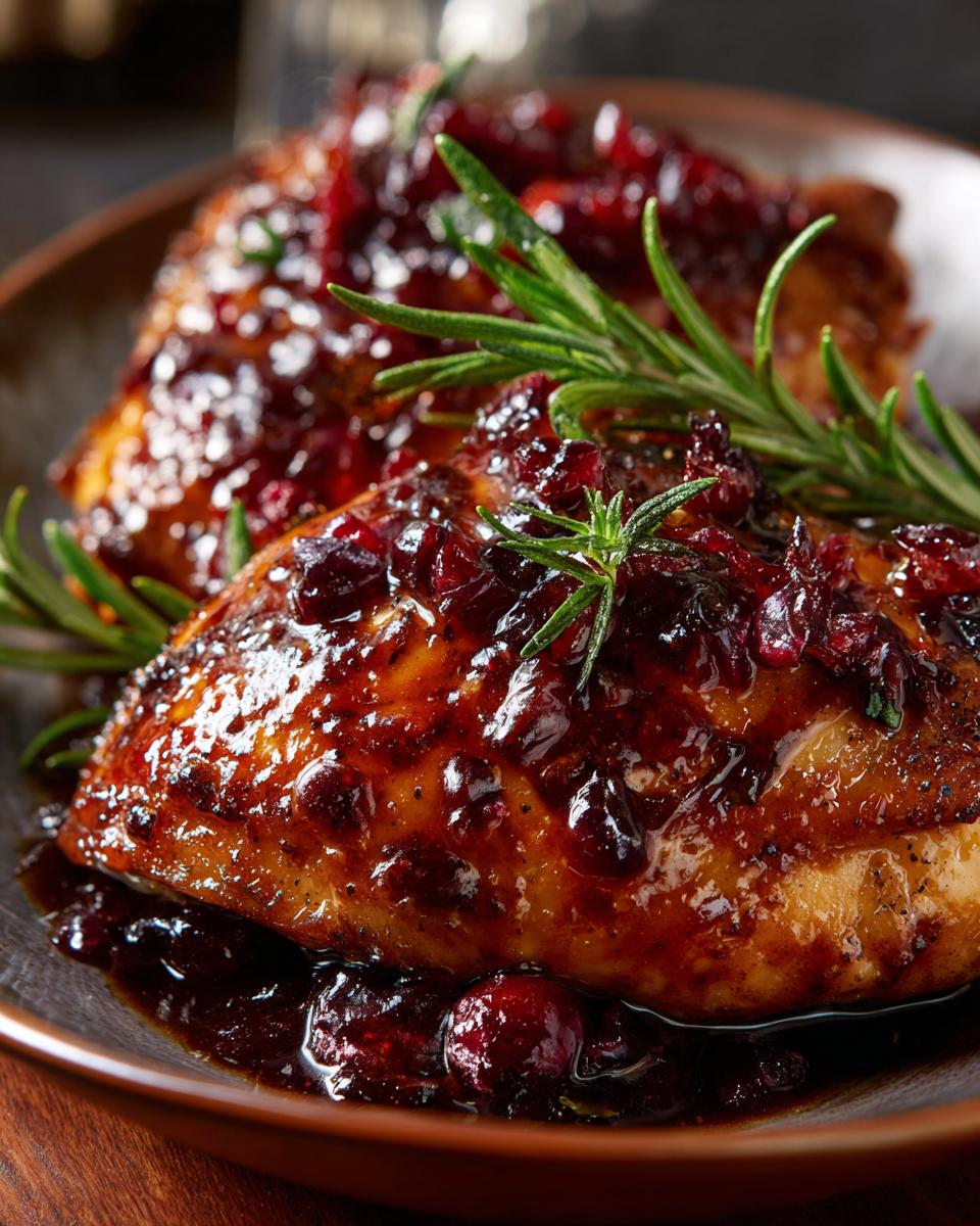 Close-up of Cranberry Balsamic Chicken Skillet with rosemary garnish on a brown plate.