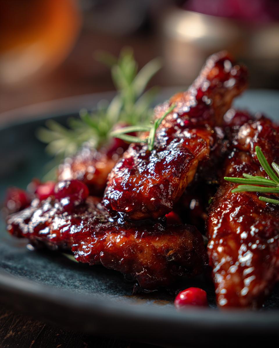 Close-up of Cranberry Balsamic Chicken Skillet on a dark plate with rosemary and cranberries.