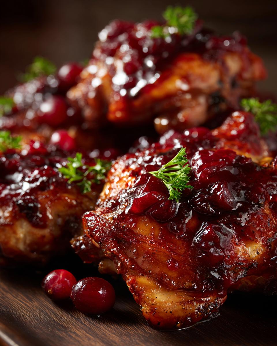 Close-up of Cranberry Balsamic Chicken Skillet, showing the glaze, cranberries, and fresh parsley garnish.
