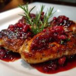 Close-up of Cranberry Balsamic Chicken Skillet, plated with rosemary garnish and cranberry sauce.