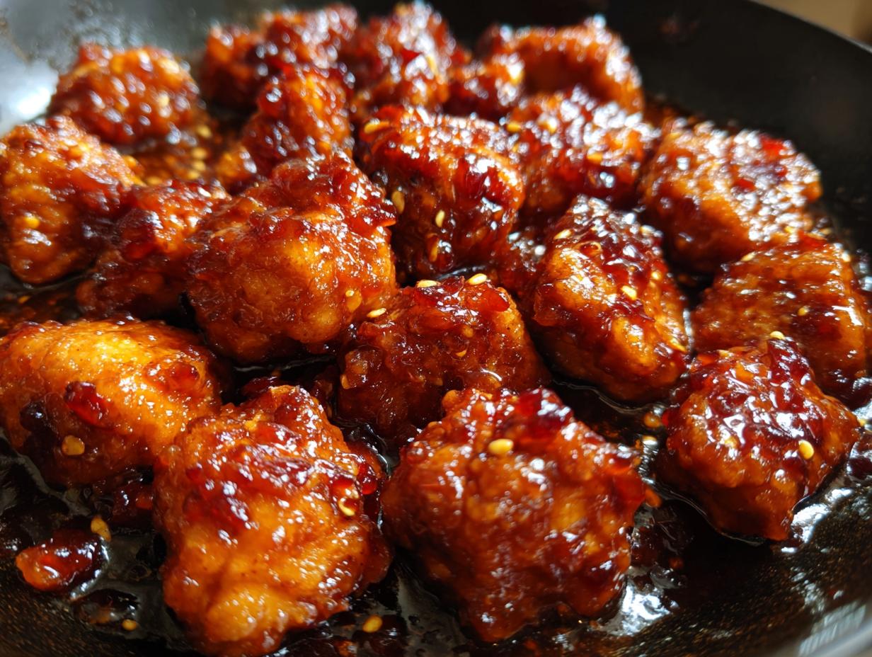 Close-up of Cranberry Balsamic Chicken Skillet featuring juicy chicken pieces coated in a glossy sauce with sesame seeds.