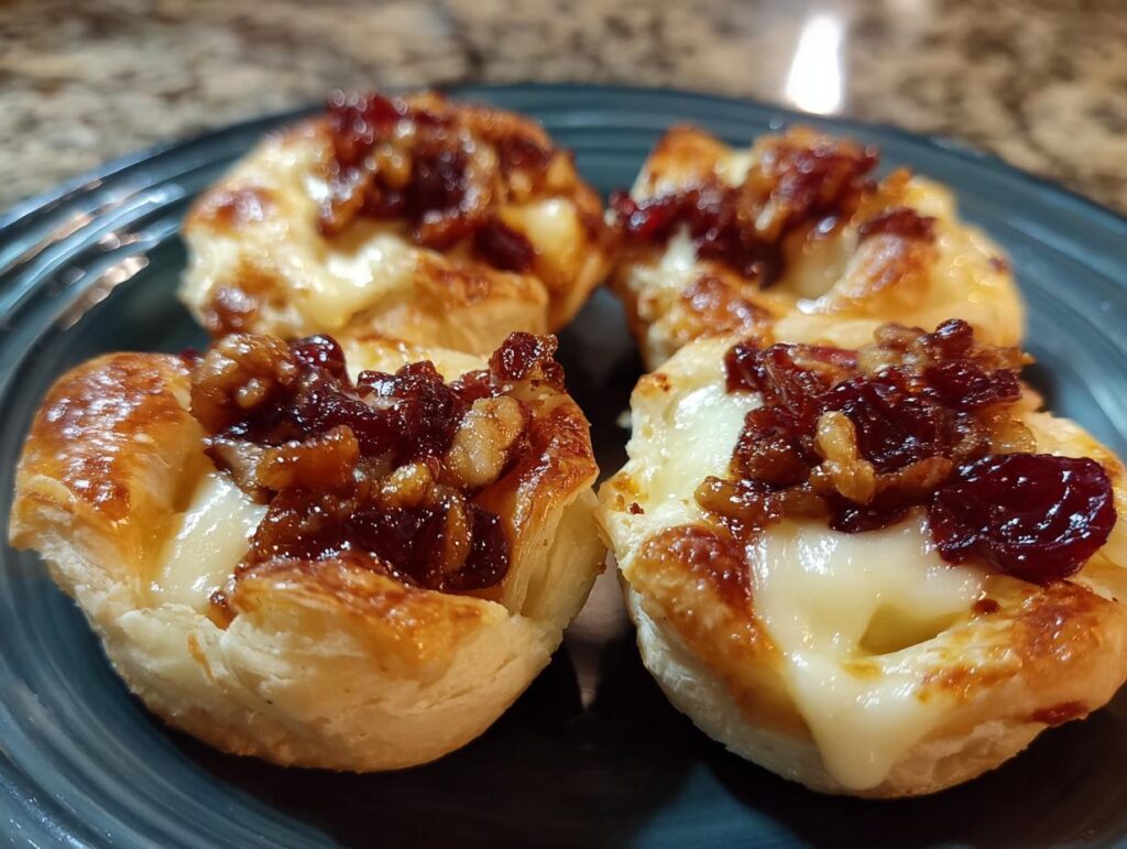 Four golden 12-Minute Cranberry Brie Bites on a dark plate, topped with cranberries and nuts.