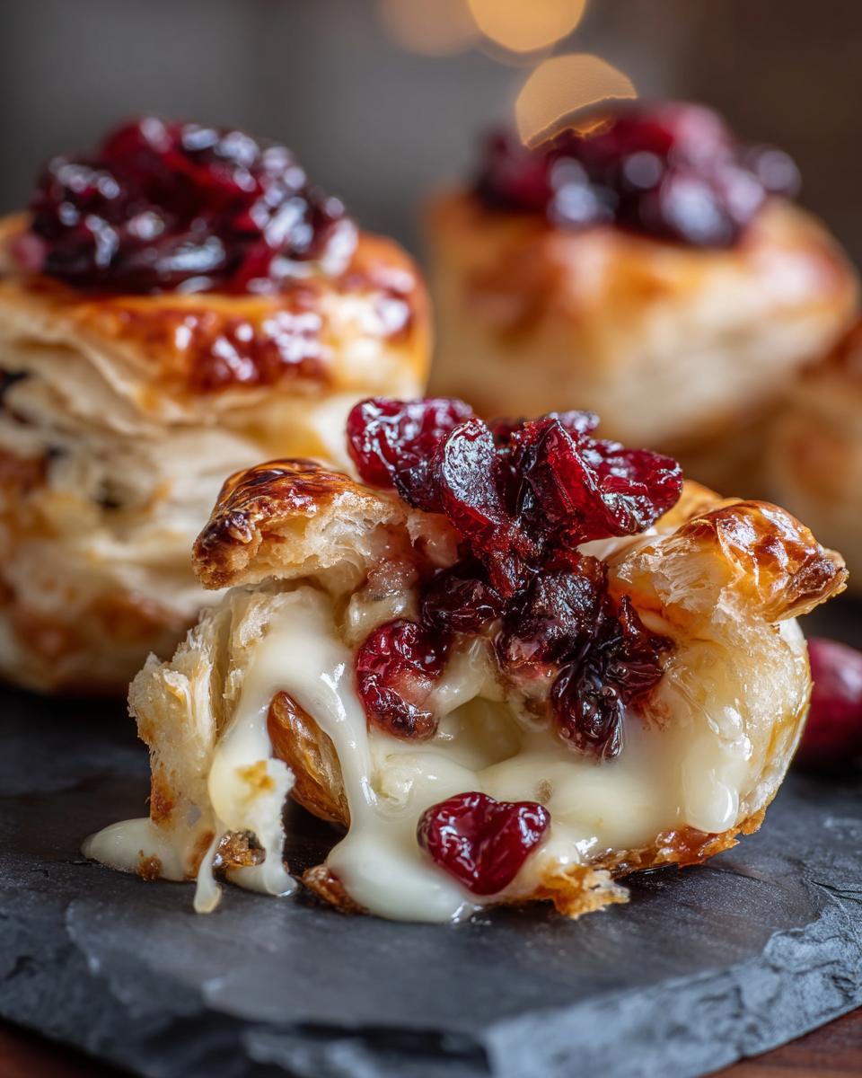 Close-up of a 12-Minute Cranberry Brie Bite with melted brie and cranberry topping on a slate surface.