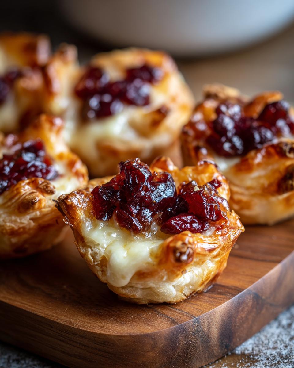 Close-up of 12-Minute Cranberry Brie Bites on a wooden board, showcasing the flaky pastry, melted brie, and cranberry topping.