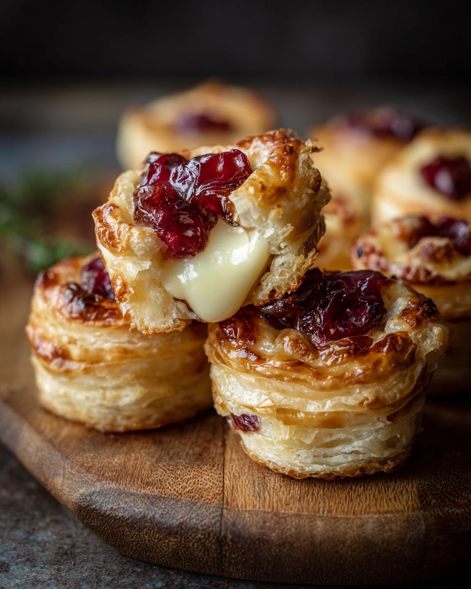 A stack of flaky 12-Minute Cranberry Brie Bites on a wooden board, one with melted brie oozing out.