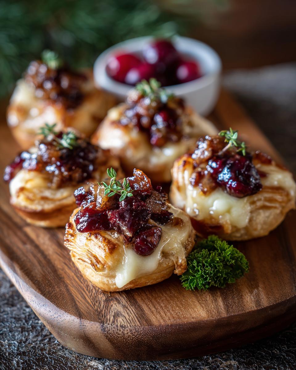 Several 12-Minute Cranberry Brie Bites on a wooden board, topped with cranberries and herbs.