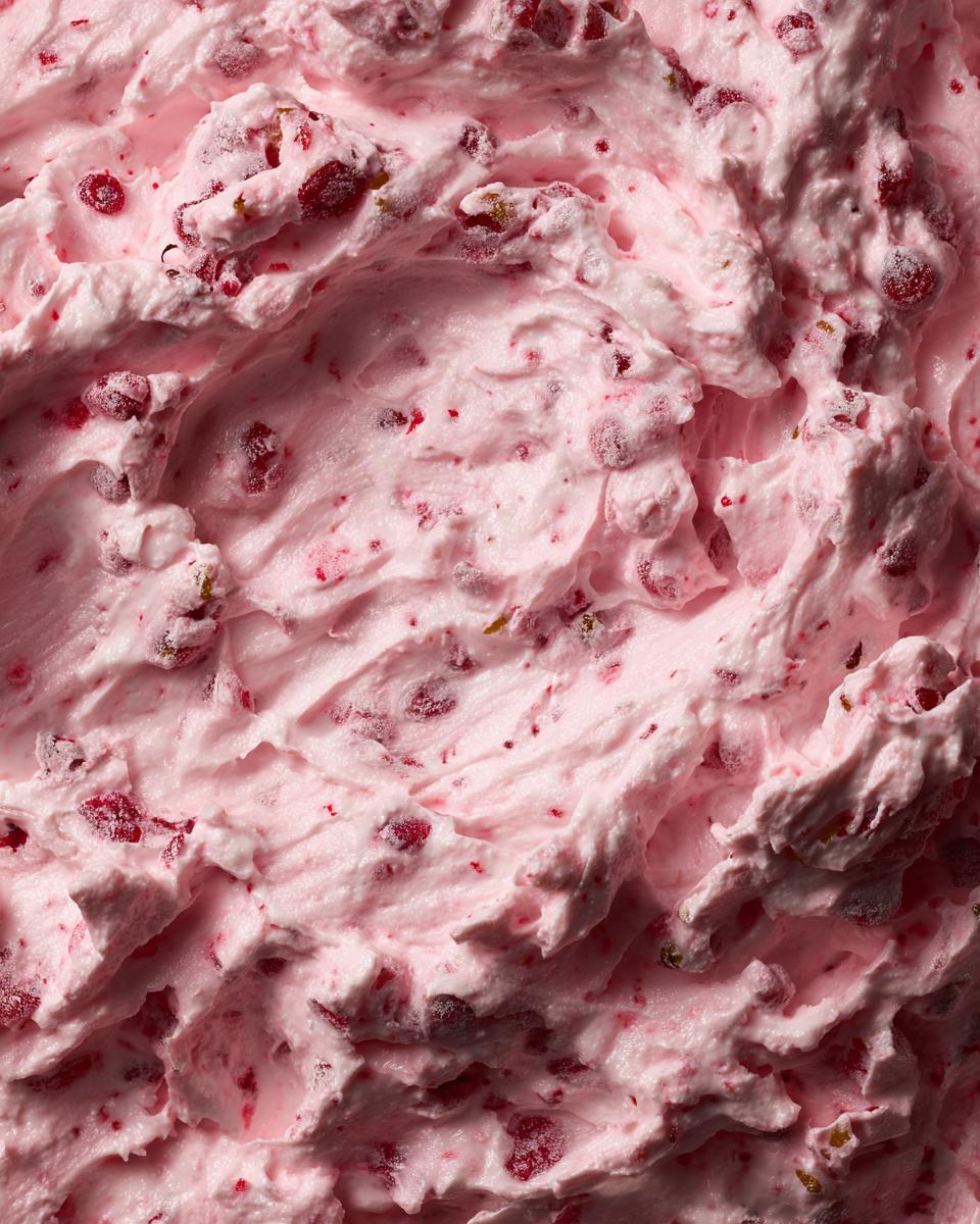 A detailed close-up of The BEST 15-Min Cranberry Fluff Salad, showing the texture of the creamy pink dessert.
