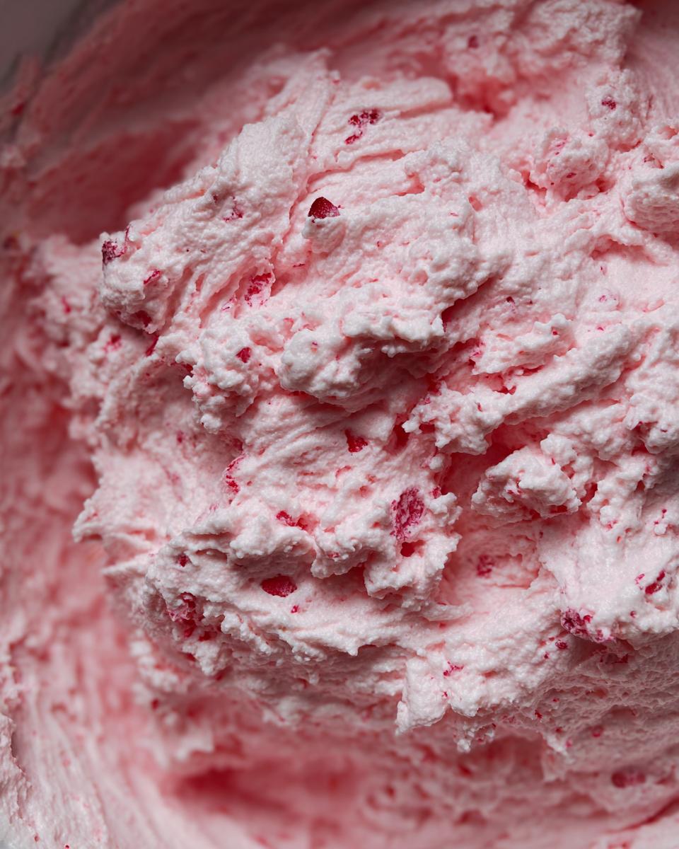 A close-up view of The BEST 15-Min Cranberry Fluff Salad, showing its creamy texture and cranberry pieces.
