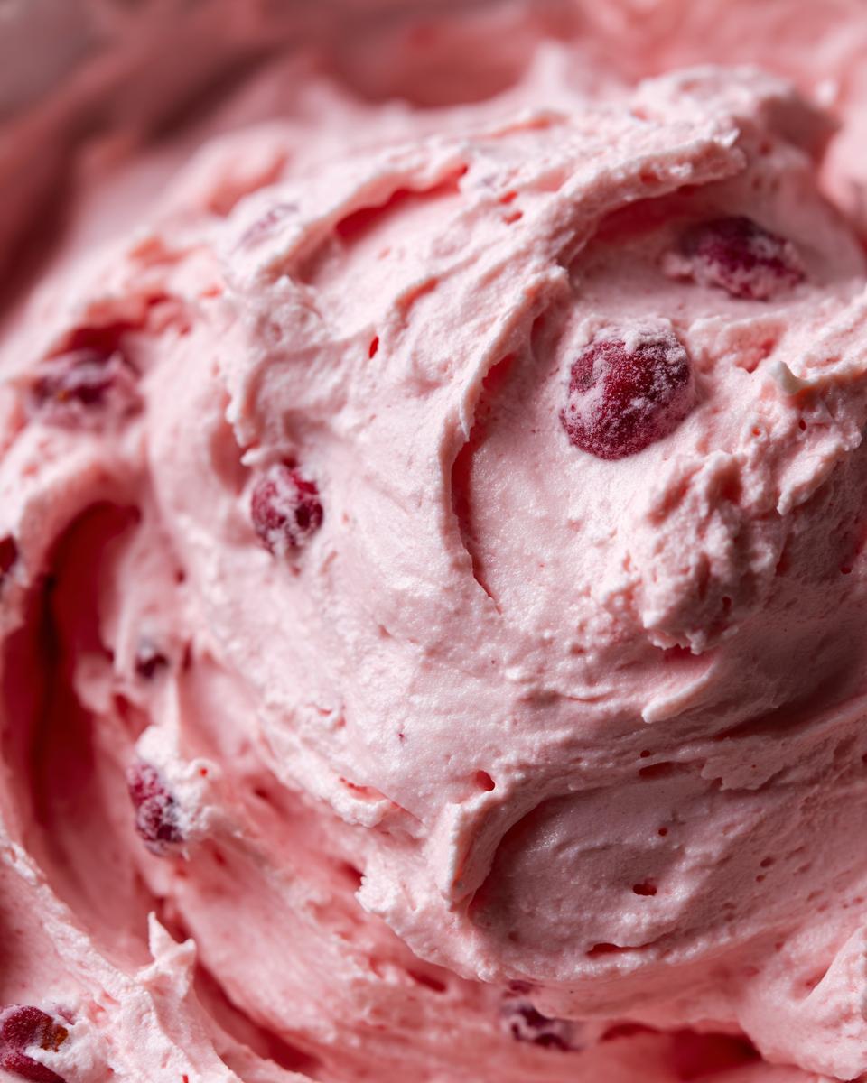 A close-up of The BEST 15-Min Cranberry Fluff Salad, showcasing its creamy texture and cranberry pieces.