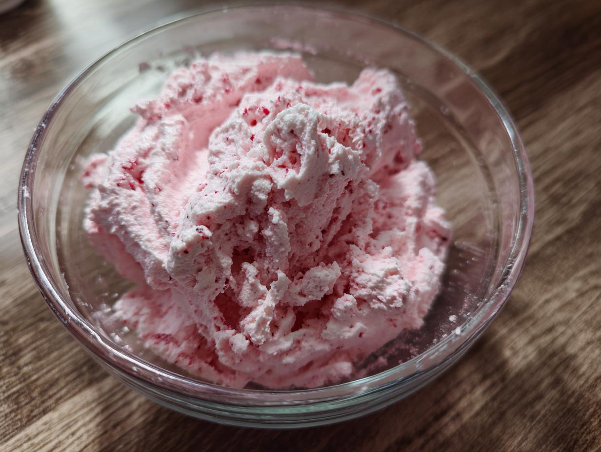 A bowl of The BEST 15-Min Cranberry Fluff Salad, a pink dessert with visible cranberry pieces.