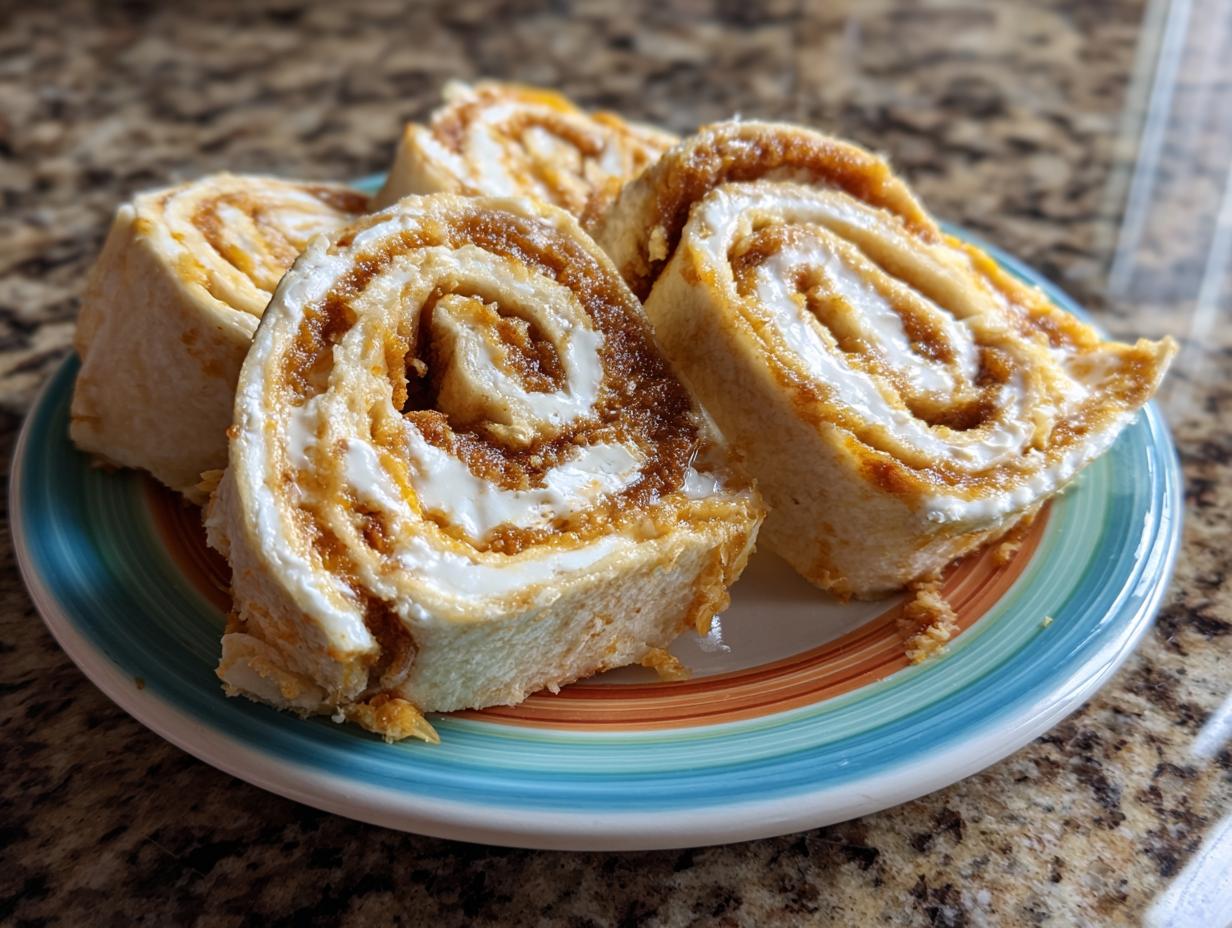 Close-up of 48 Easy Cream Cheese Taco Pinwheels on a colorful plate, showcasing the swirl of cream cheese and taco filling.