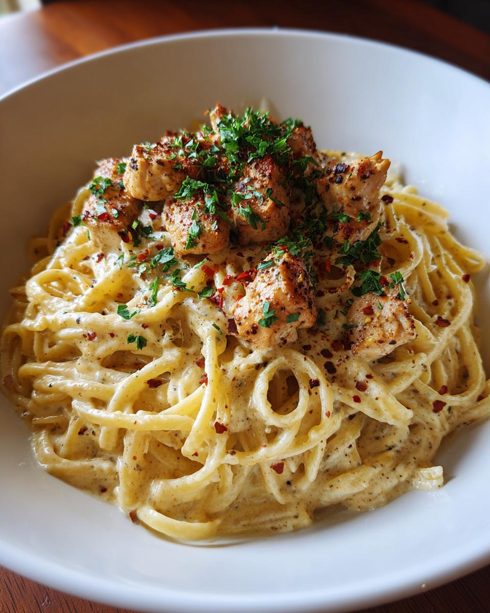 A bowl of 40-Minute Creamy Cajun Chicken Pasta, garnished with fresh parsley and red pepper flakes.