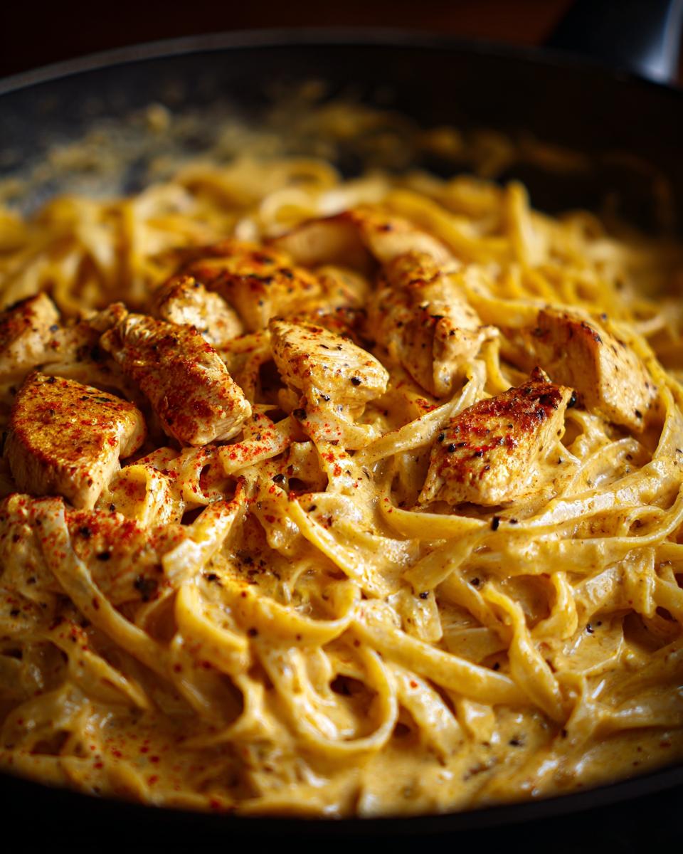 Close-up of 40-Minute Creamy Cajun Chicken Pasta in a pan, featuring fettuccine and seasoned chicken.