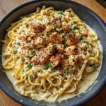 Overhead view of 40-Minute Creamy Cajun Chicken Pasta in a pan, topped with grilled chicken and parsley.