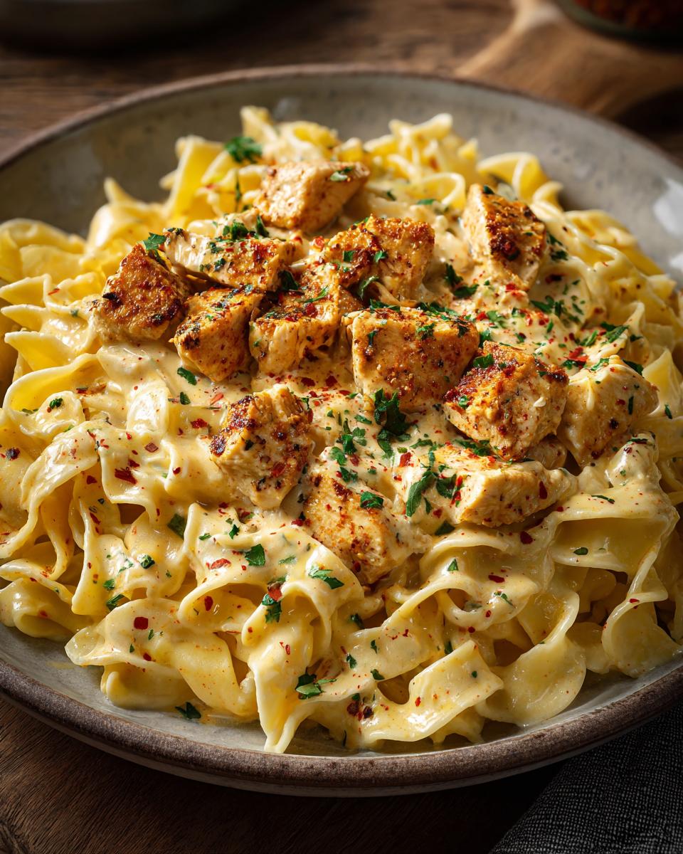 Close-up of 40-Minute Creamy Cajun Chicken Pasta featuring creamy sauce, chicken, and herbs.