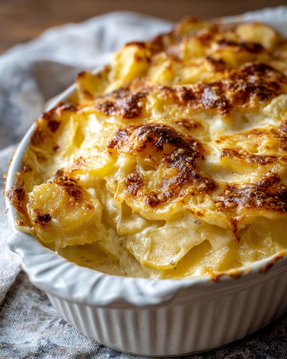 Close-up of Ultimate Creamy & Cheesy Potatoes Au Gratin in a white baking dish, showing golden brown top and creamy sauce.
