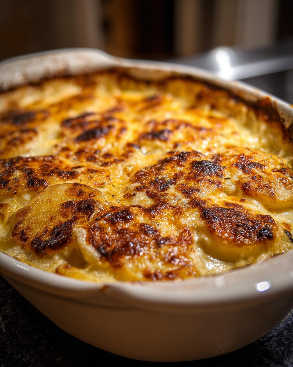 Close-up of a baked dish of Ultimate Creamy & Cheesy Potatoes Au Gratin, showing golden brown, cheesy top.