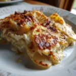 A delicious slice of Ultimate Creamy & Cheesy Potatoes Au Gratin with a golden-brown, bubbly cheese topping.