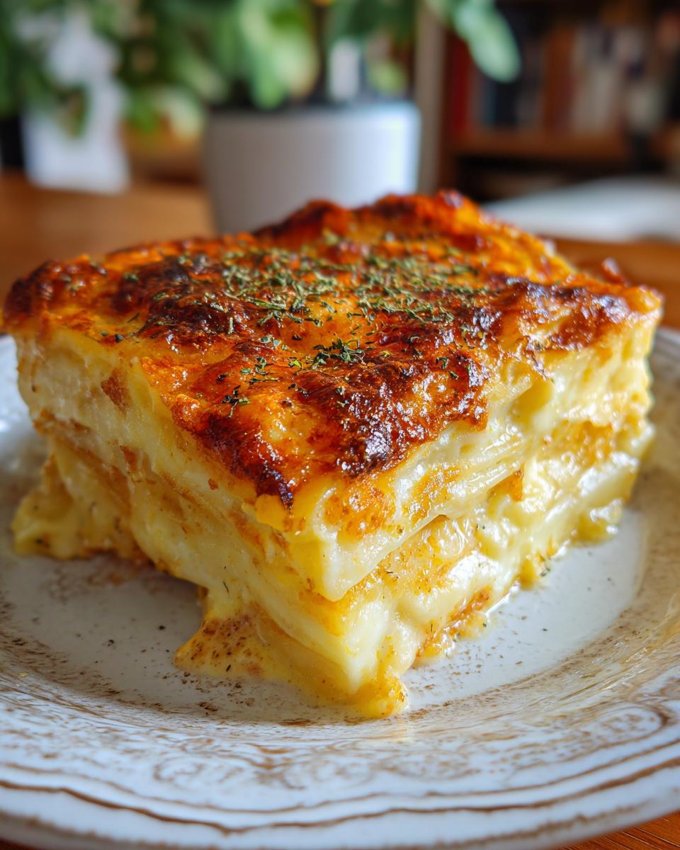A slice of creamy and cheesy Potatoes Au Gratin on a plate, showcasing the layers of potatoes and cheese.