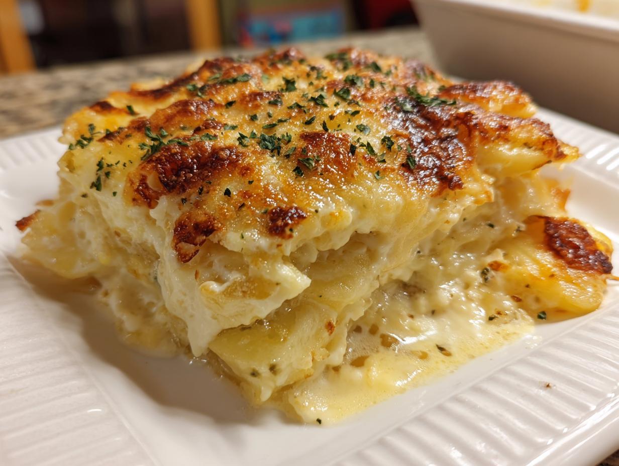 A slice of creamy and cheesy Potatoes Au Gratin with golden brown top and parsley garnish.