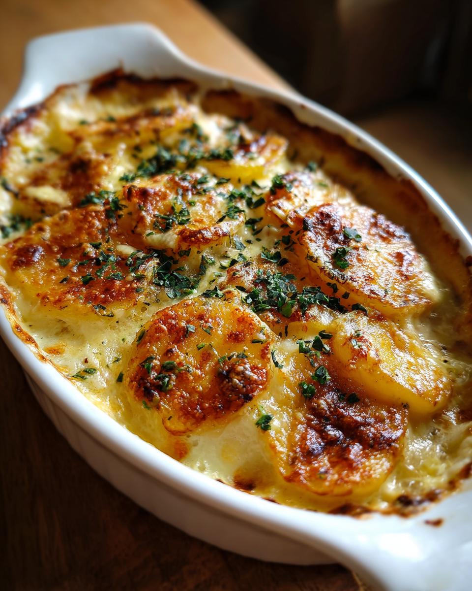 Close-up of Ultimate Creamy & Cheesy Potatoes Au Gratin in a white baking dish, garnished with fresh herbs.