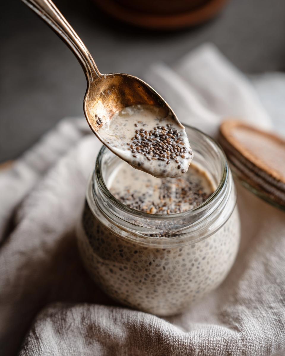 Spoonful of creamy chia pudding base being lifted from a glass jar, showing the texture and consistency.