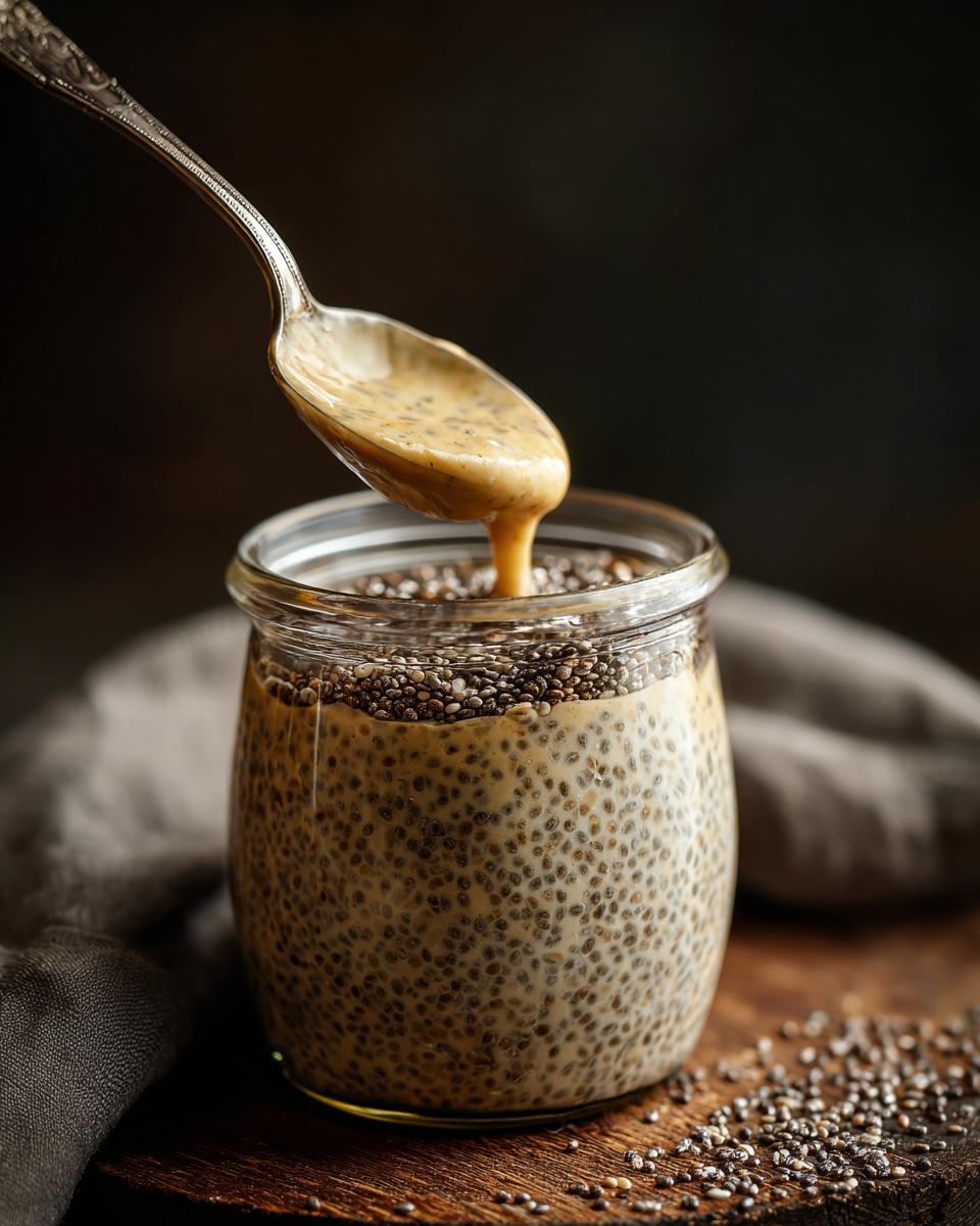 Spoonful of sauce being poured into a jar of creamy chia pudding base. 