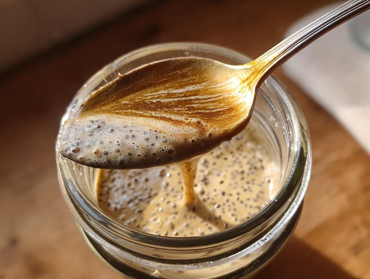 Spoonful of creamy chia pudding base dripping into a glass jar.