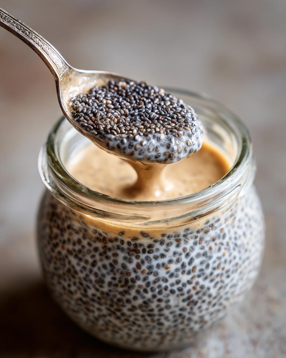 Spoonful of creamy chia pudding base being scooped from a glass jar. Close-up of chia seeds.