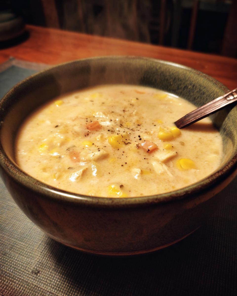 Bowl of Easiest One-Pot Creamy Chicken Corn Chowder with a spoon, showing chicken, corn, and creamy broth.