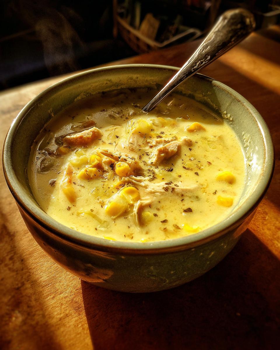 Bowl of Easiest One-Pot Creamy Chicken Corn Chowder with a spoon, garnished with herbs.