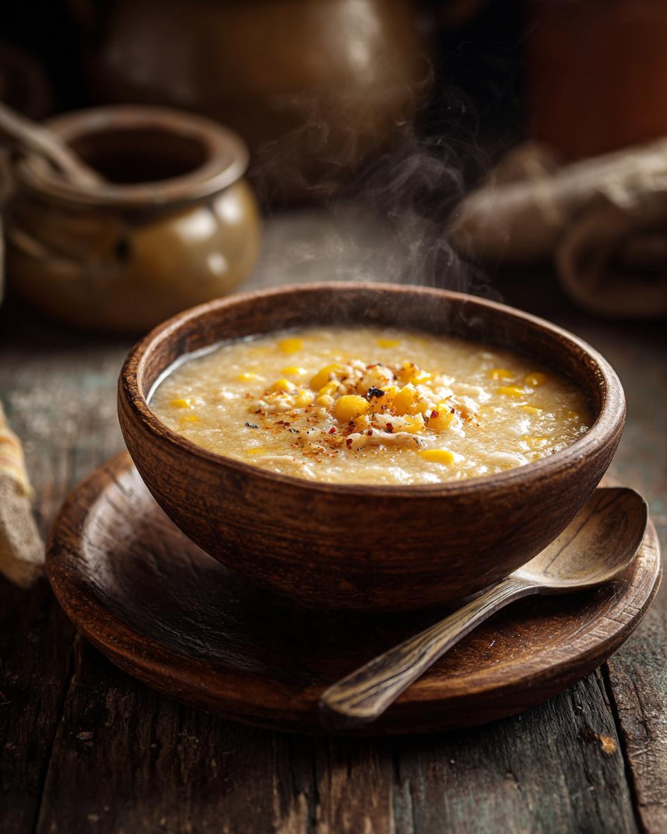 Steaming bowl of Easiest One-Pot Creamy Chicken Corn Chowder, served in a wooden bowl with a spoon.