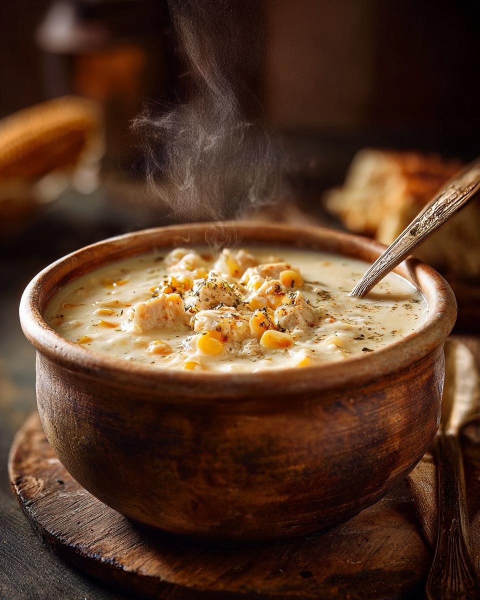 A rustic bowl of Easiest One-Pot Creamy Chicken Corn Chowder, steaming and garnished with herbs. Spoon visible.