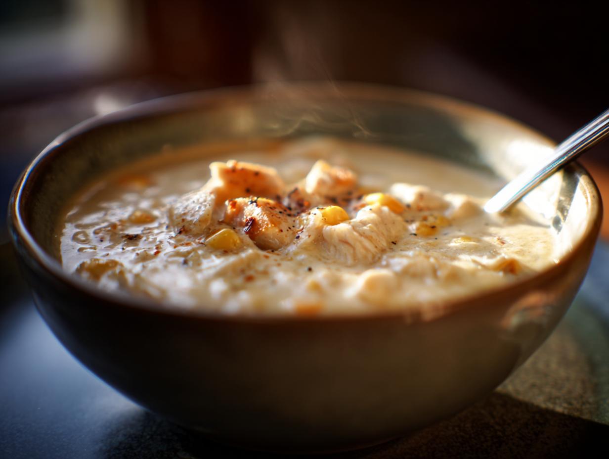 Bowl of Easiest One-Pot Creamy Chicken Corn Chowder with a spoon, featuring chicken, corn, and creamy broth.