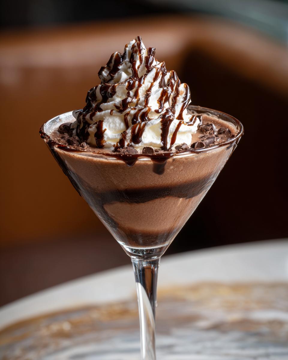 A decadent 3-Ingredient Creamy Chocolate Martini topped with whipped cream and chocolate drizzle in a martini glass.