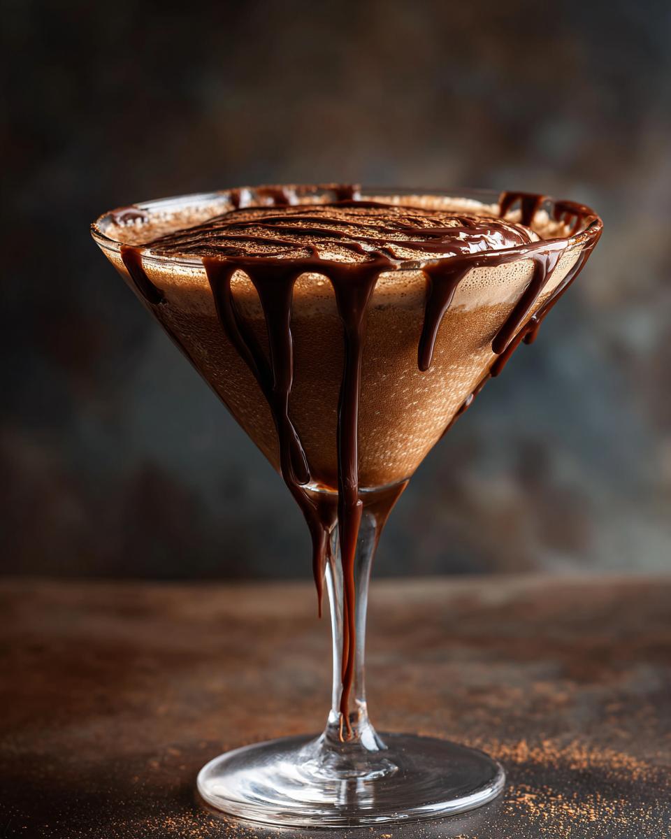 A decadent 3-Ingredient Creamy Chocolate Martini in a glass, drizzled with chocolate.