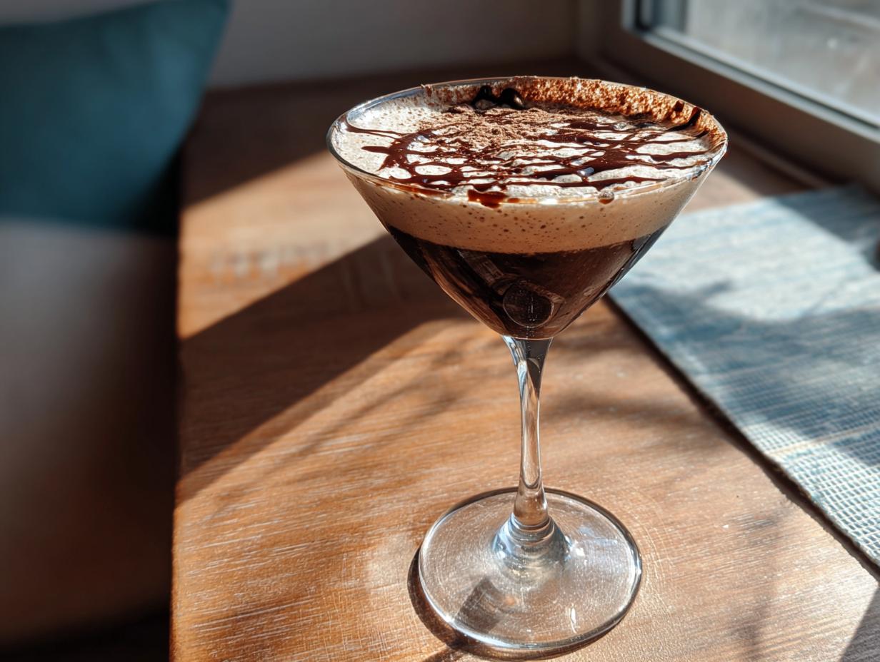 A delicious 3-Ingredient Creamy Chocolate Martini in a martini glass, topped with chocolate drizzle and dusting.