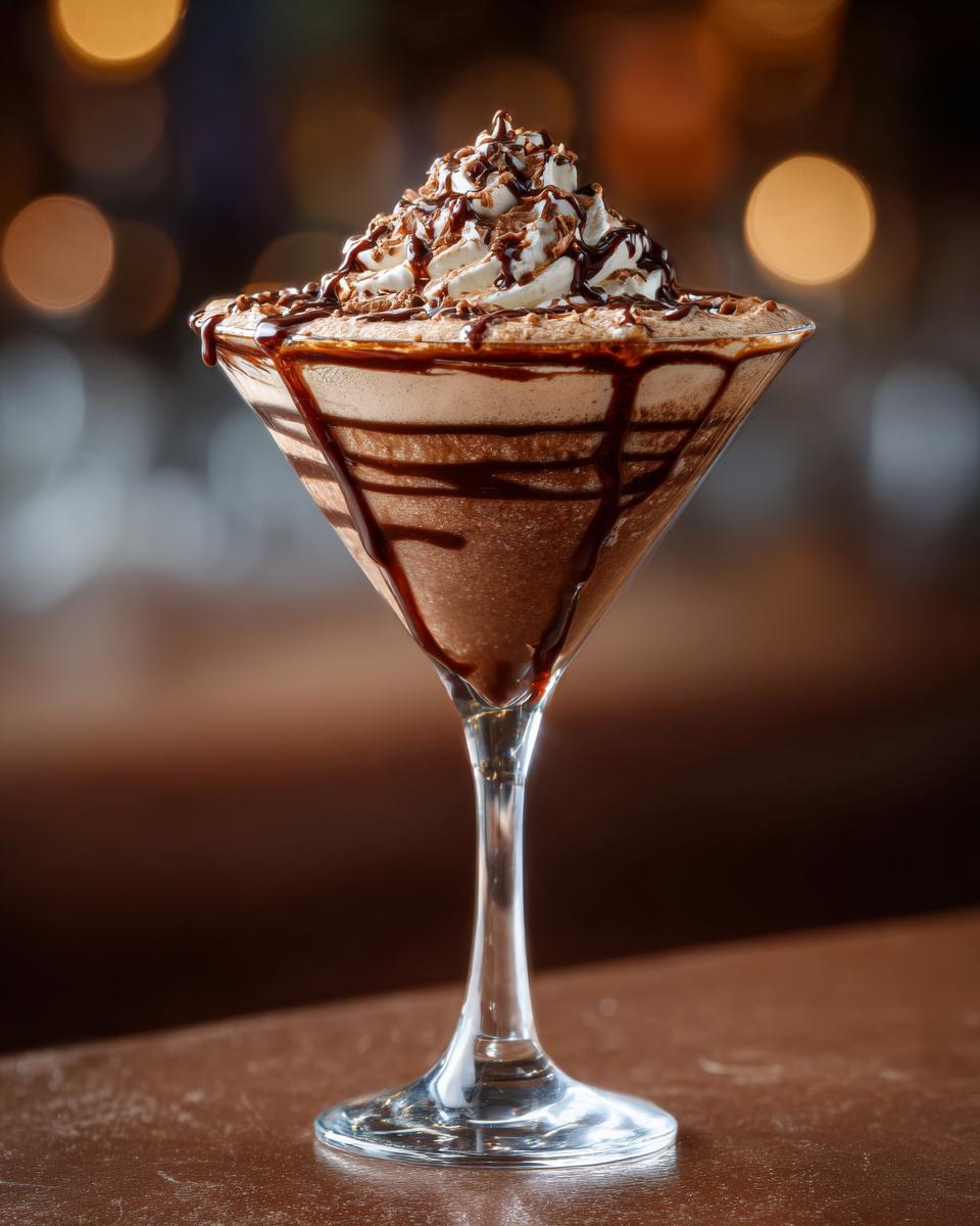 A decadent Easy 3-Ingredient Creamy Chocolate Martini with whipped cream and chocolate drizzle in a martini glass.