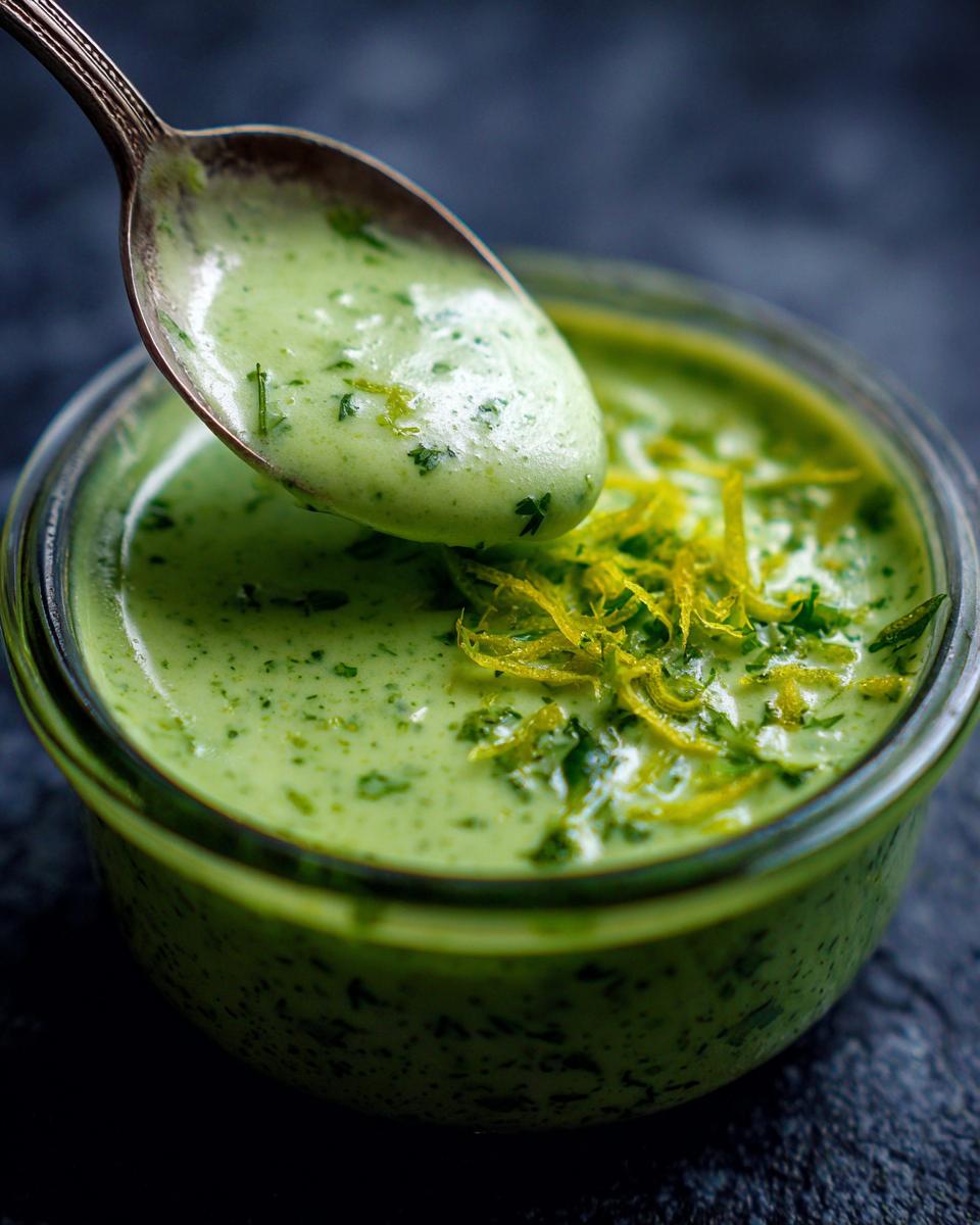 Close-up of 5-Minute Creamy Cilantro Lime Sauce in a glass jar with a spoon scooping some out.