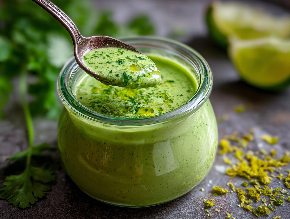 A jar of 5-Minute Creamy Cilantro Lime Sauce with a spoon lifting some out, showing the texture and ingredients.