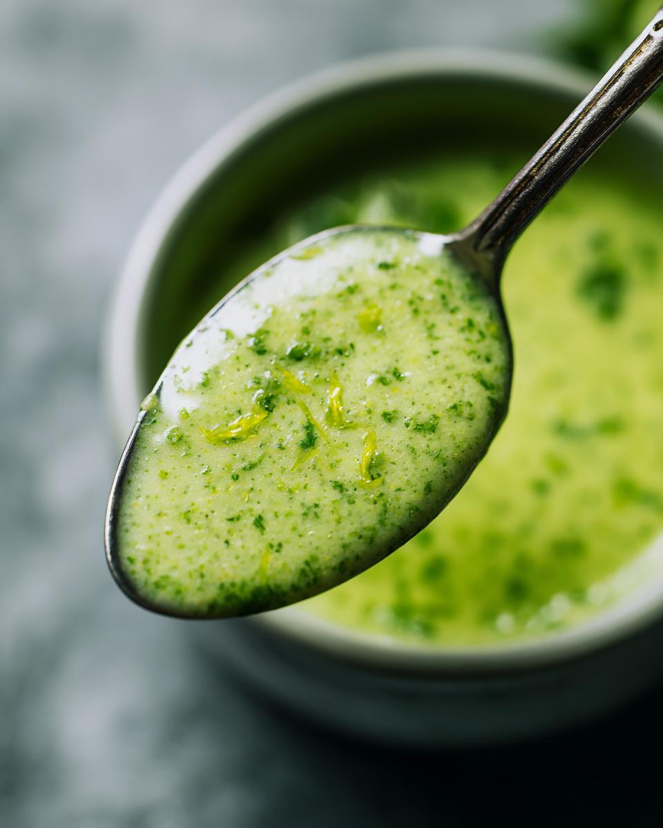 Close-up of 5-Minute Creamy Cilantro Lime Sauce on a spoon, showing texture and lime zest.