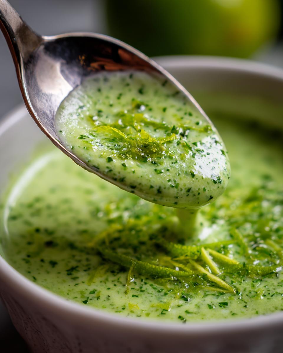 Spoonful of 5-Minute Creamy Cilantro Lime Sauce with lime zest over a bowl of the sauce.