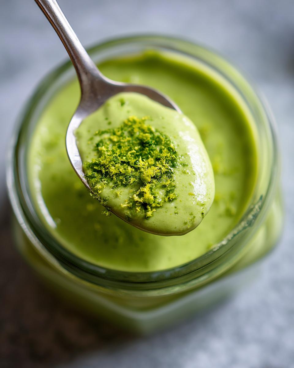 Spoonful of 5-Minute Creamy Cilantro Lime Sauce with lime zest, over a jar of sauce.